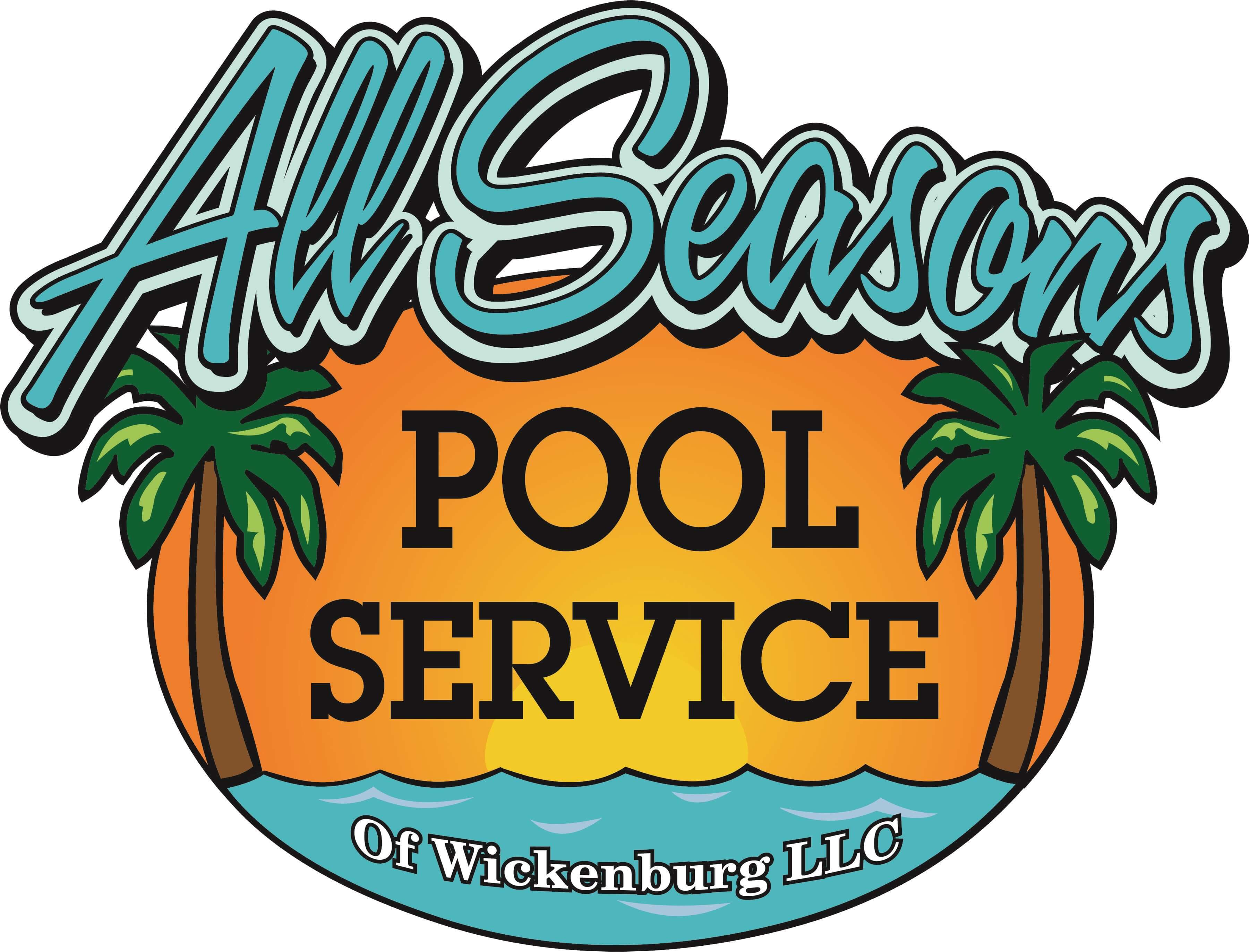 A pool service company logo with palm trees.